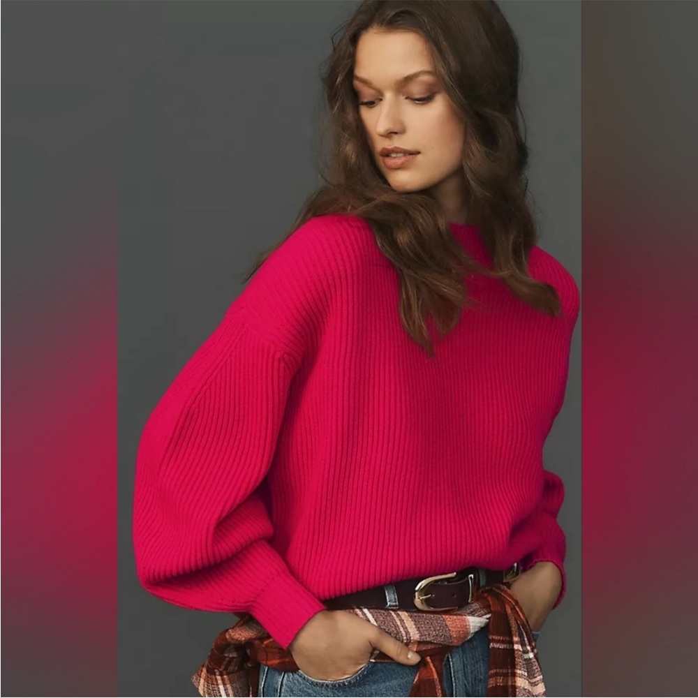Anthropologie Maeve Easy Pullover Ribbed Balloon Sleeved High Low Hem Sweater
